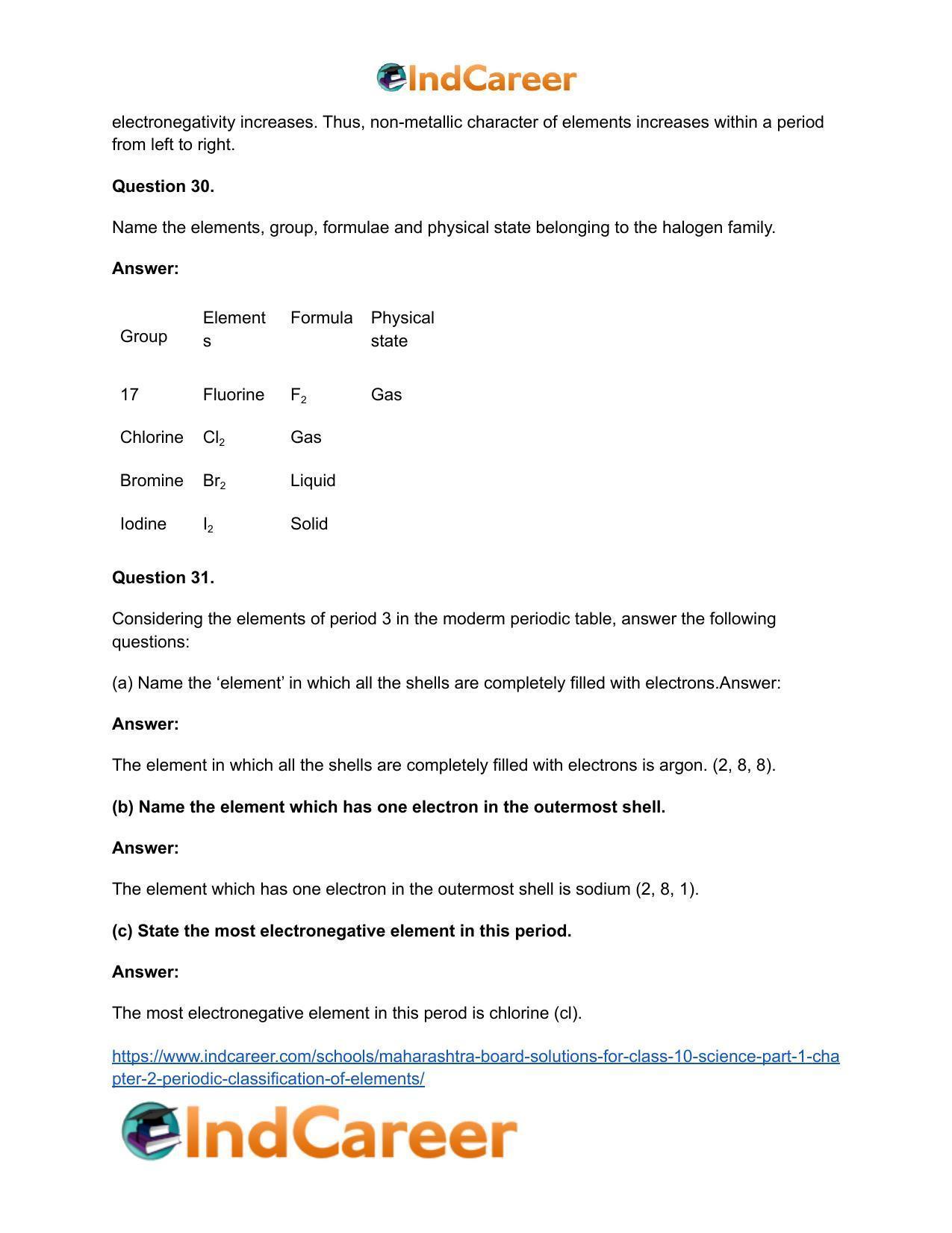 Maharashtra Board Solutions for Class 10- Science (Part 1): Chapter 2- Periodic Classification of Elements - Page 69