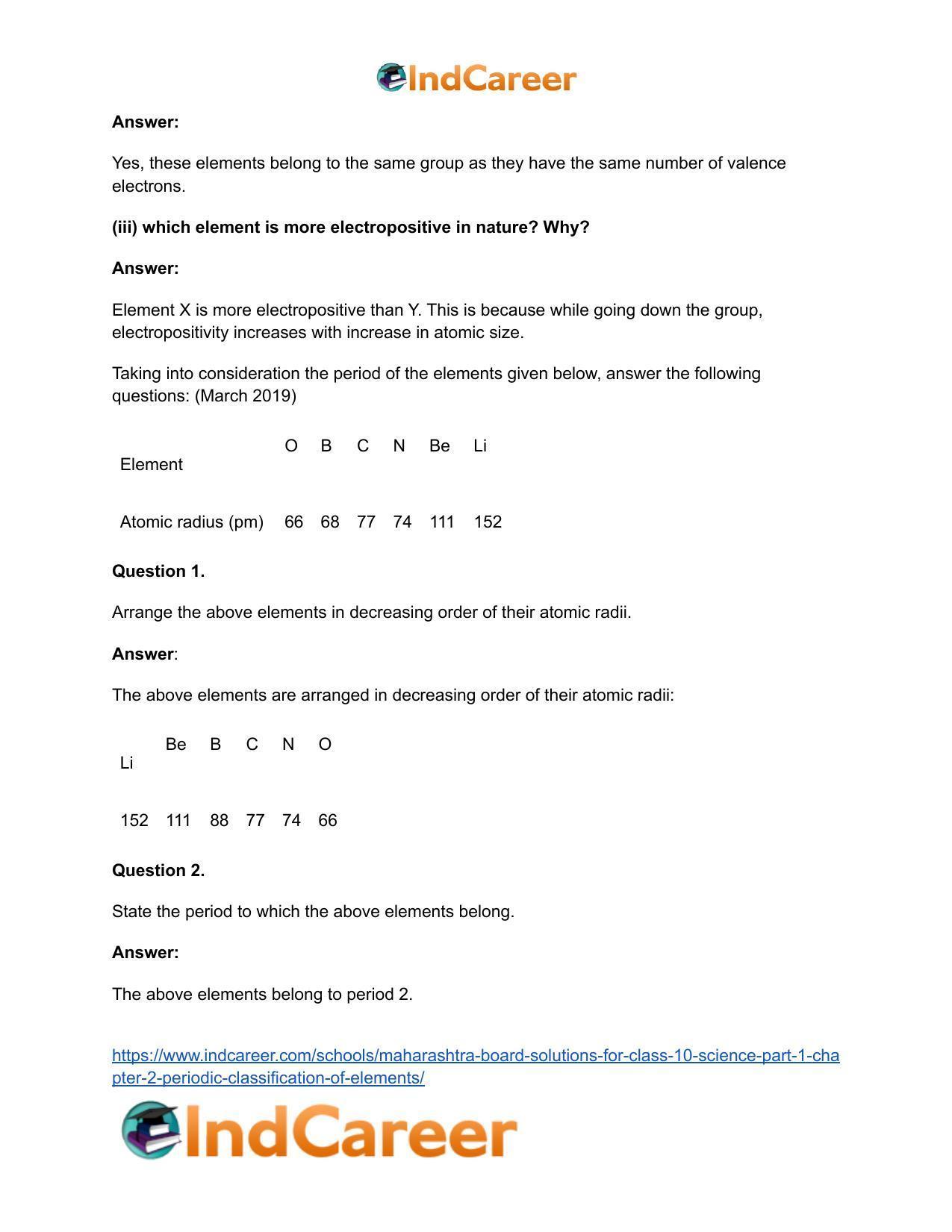 Maharashtra Board Solutions for Class 10- Science (Part 1): Chapter 2- Periodic Classification of Elements - Page 71