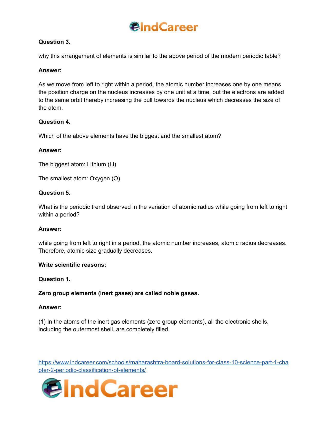 Maharashtra Board Solutions for Class 10- Science (Part 1): Chapter 2- Periodic Classification of Elements - Page 72