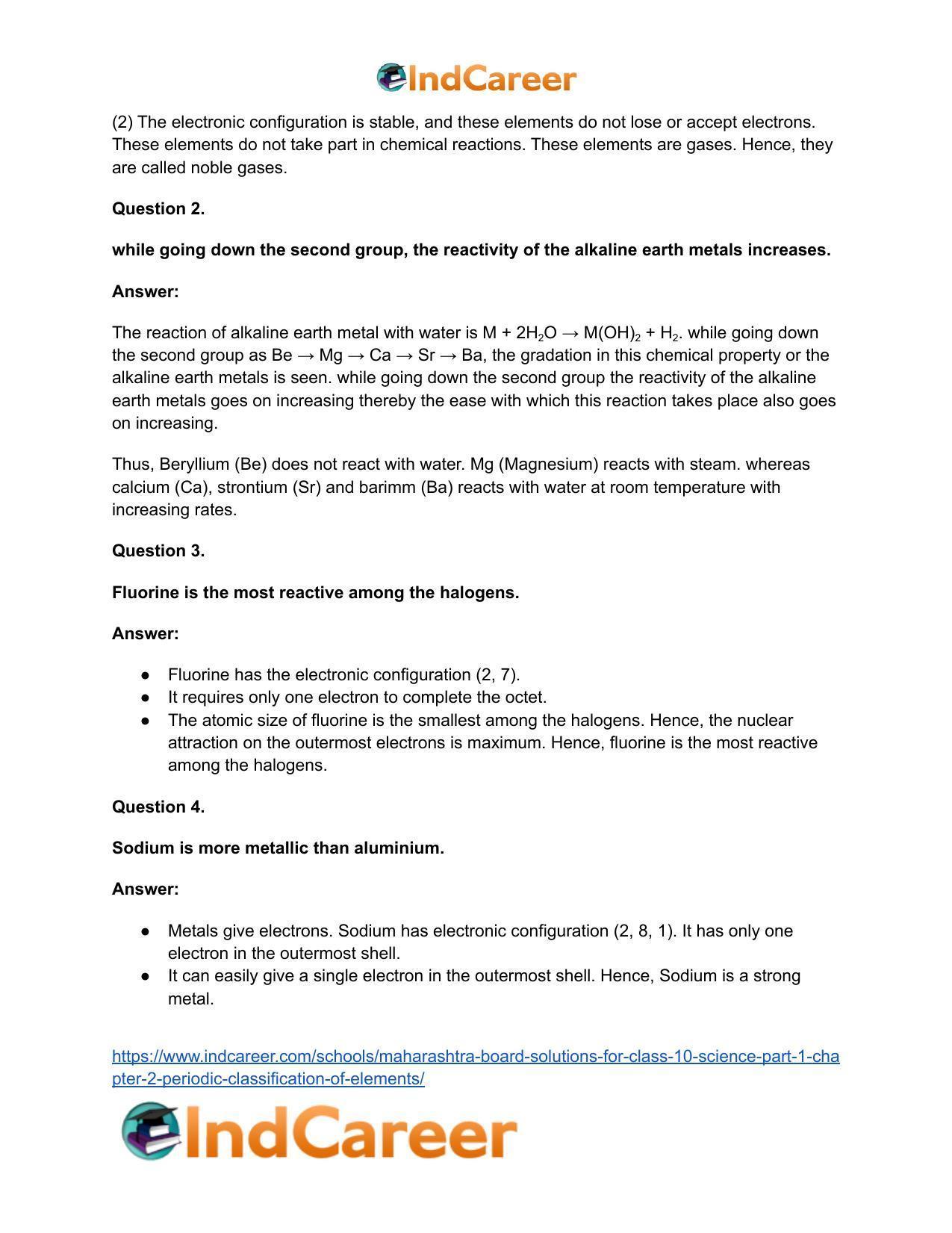 Maharashtra Board Solutions for Class 10- Science (Part 1): Chapter 2- Periodic Classification of Elements - Page 73