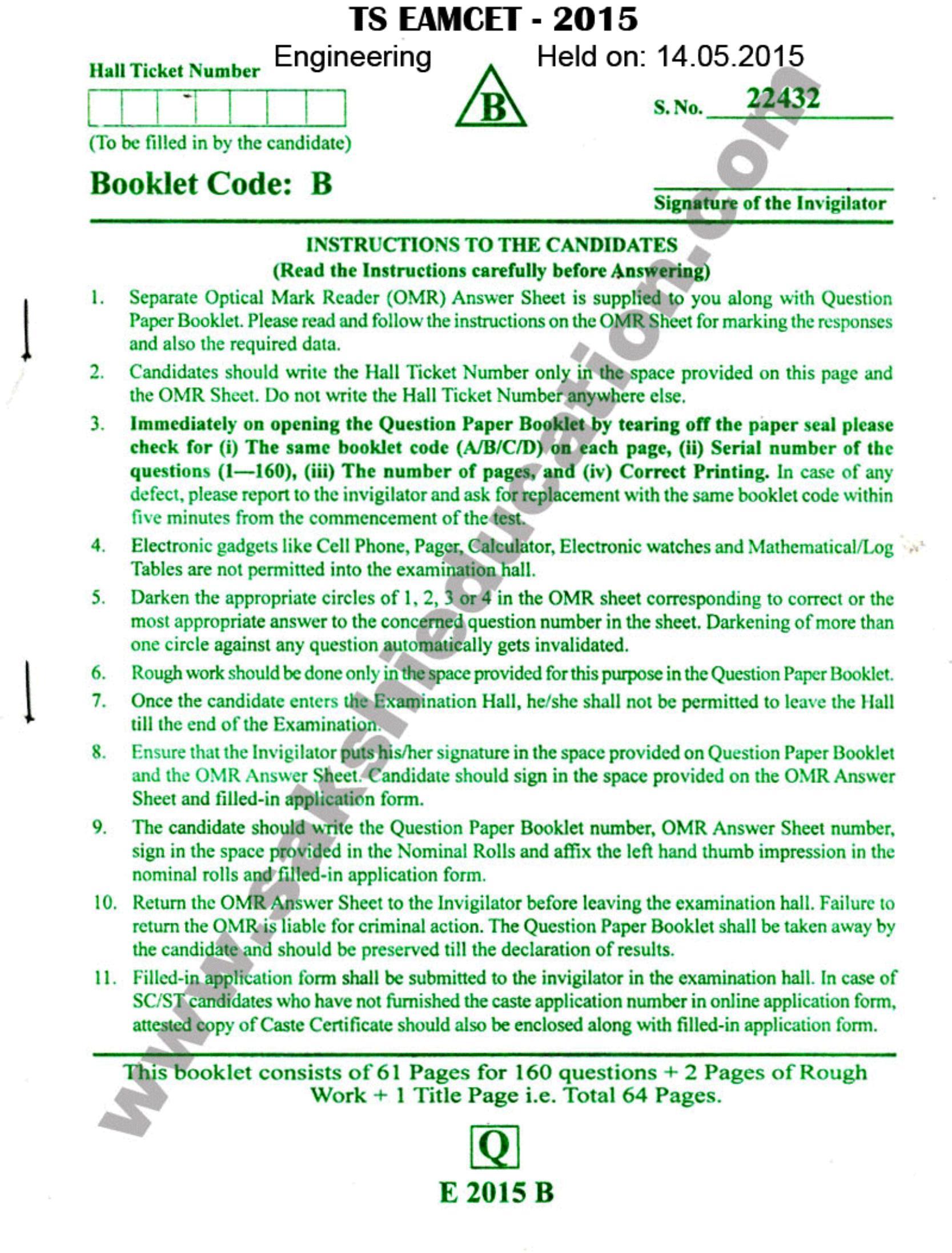 TS EAMCET 2015 Engineering Question Paper with Key - Page 1