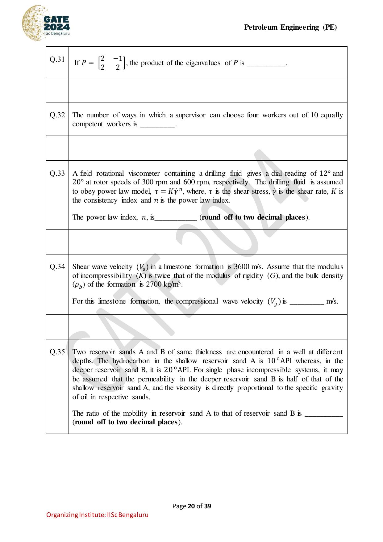 GATE 2024 Petroleum Engineering (PE) Question Paper - Page 20