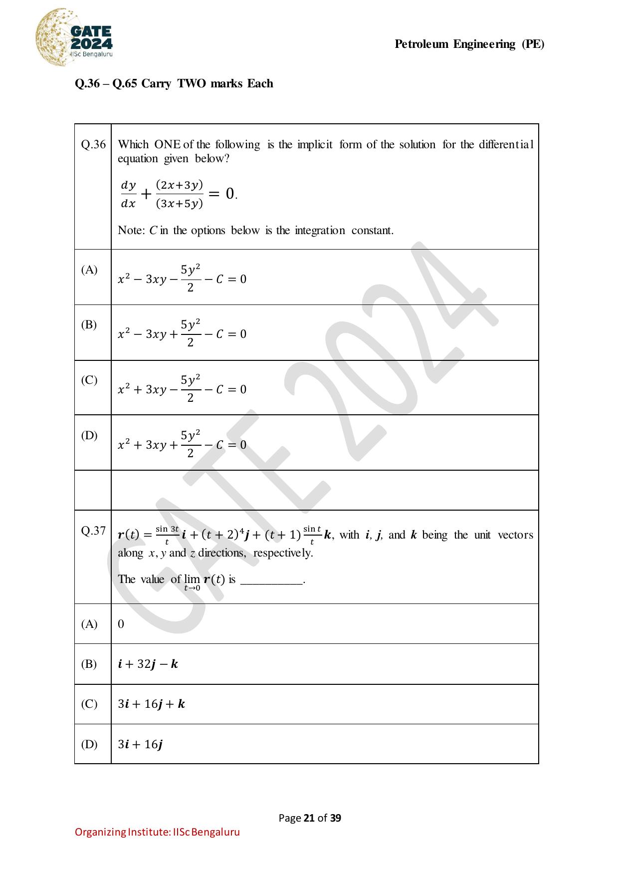 GATE 2024 Petroleum Engineering (PE) Question Paper - Page 21