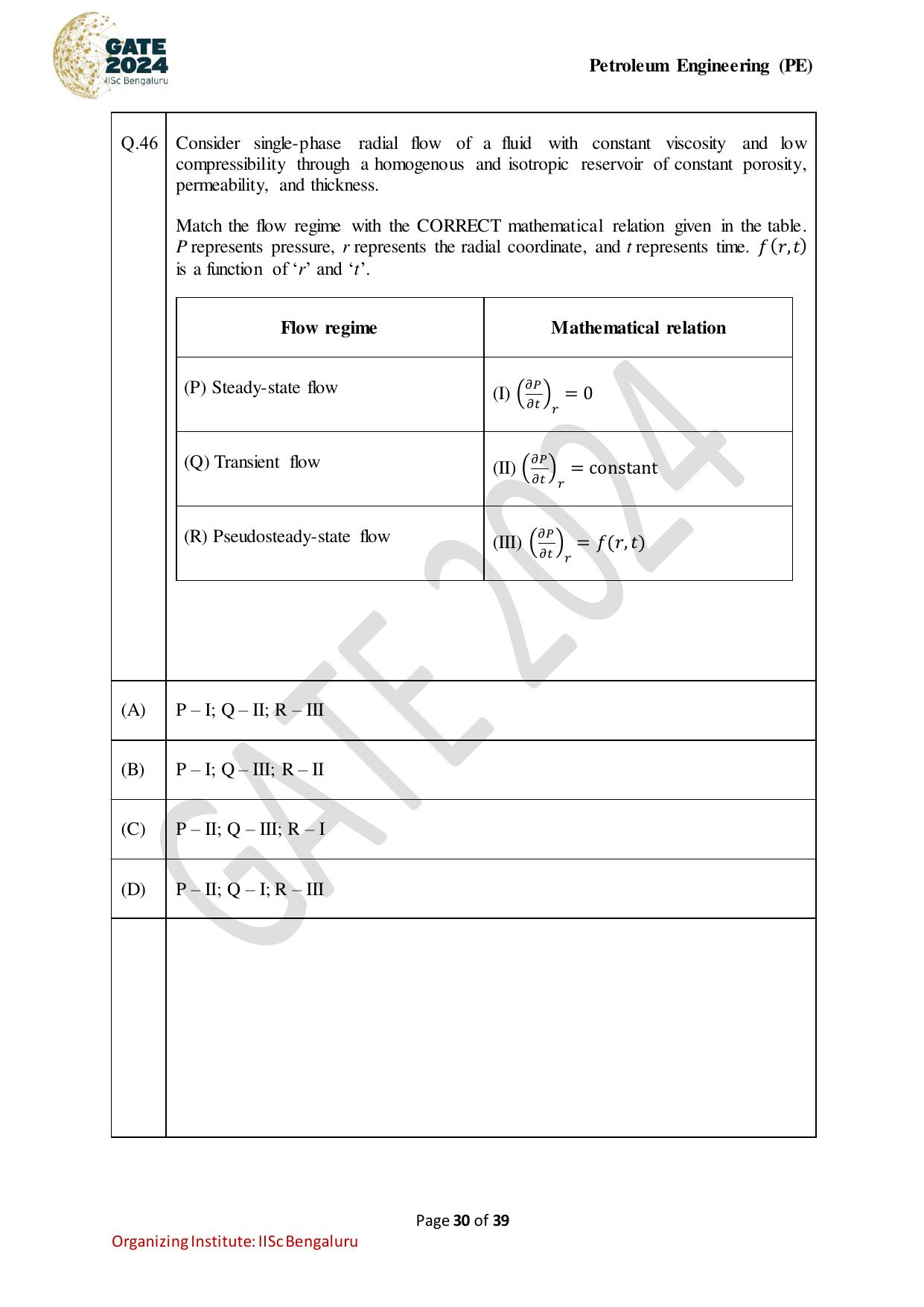 GATE 2024 Petroleum Engineering (PE) Question Paper - Page 30