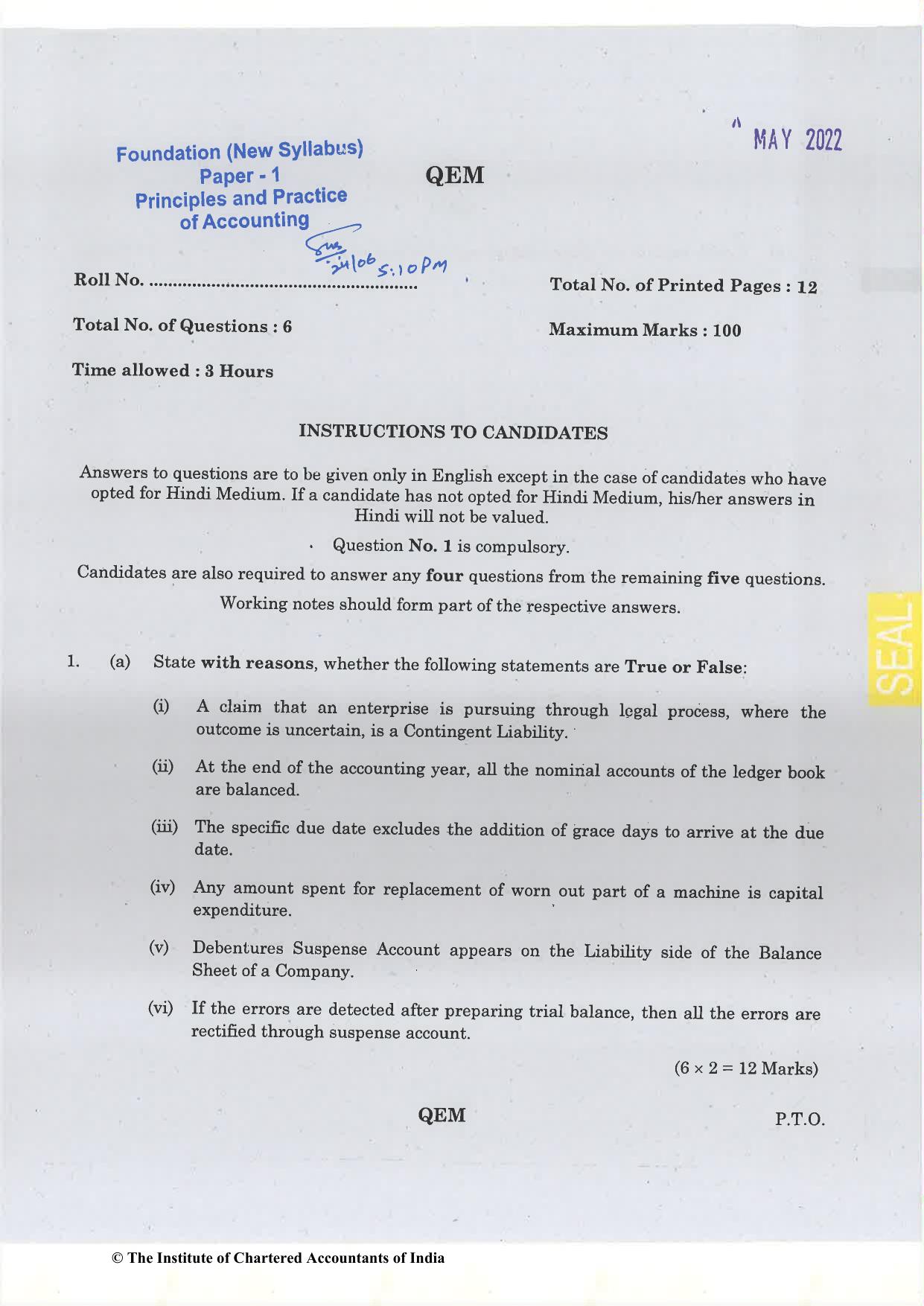 CA Foundation May 2022 Question Paper - Paper 1 (Principles and Practice of Accounting) - Page 1
