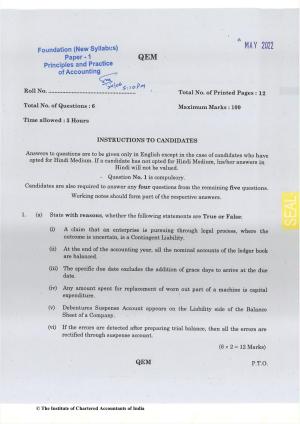 CA Foundation May 2022 Question Paper - Paper 1 (Principles and Practice of Accounting)