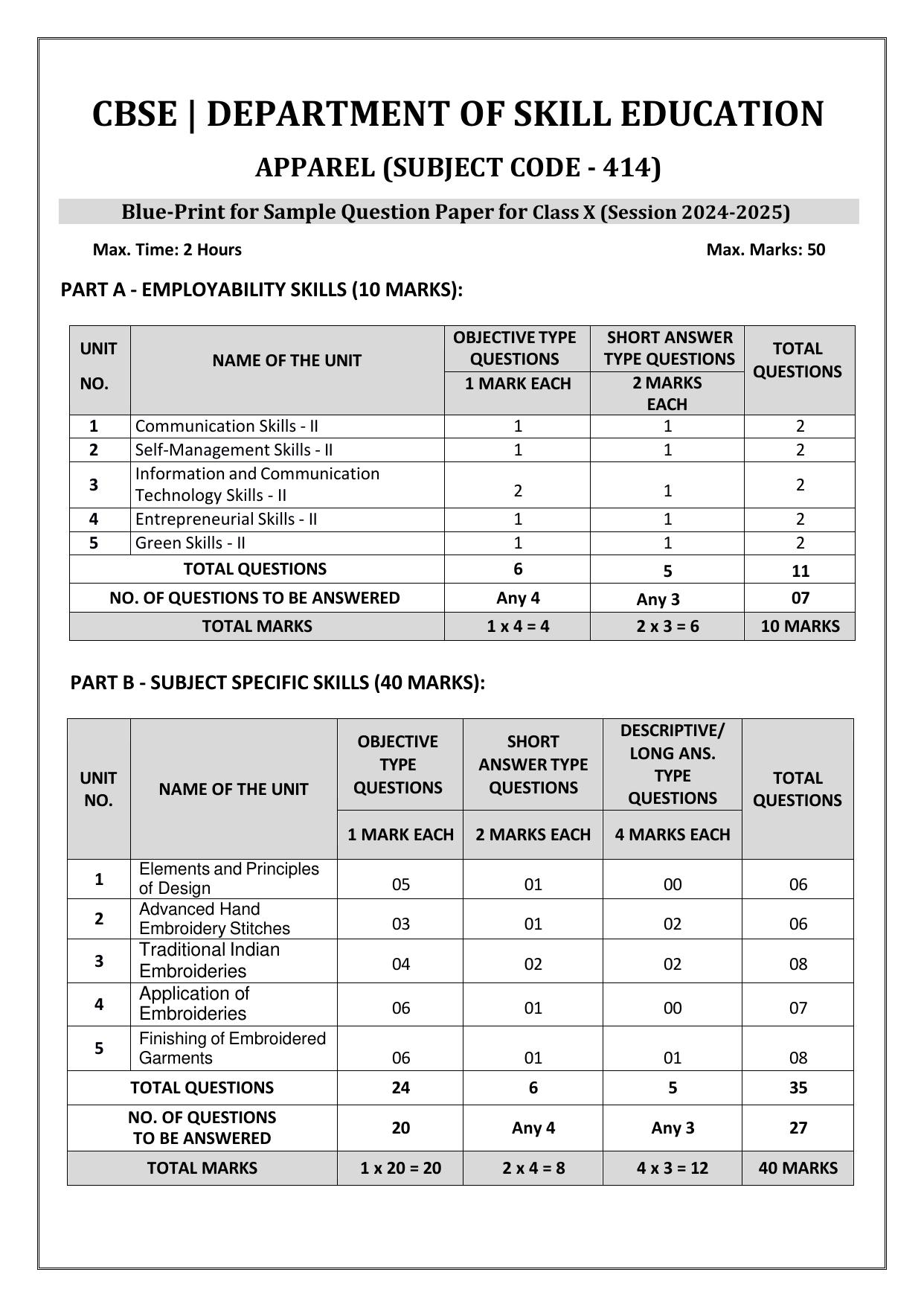 CBSE Class 10 Apparel Sample Paper 2025 - Page 1