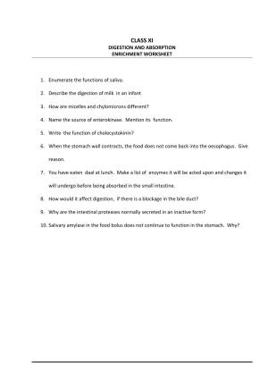 CBSE Worksheets for Class 11 Biology Digestion and Absorbtion Enrichment Assignment