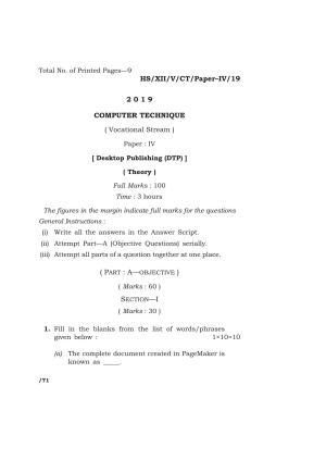 Meghalaya Board (MBOSE) Class 10 COMPUTER TECHNIQUE ( Vocational Stream ) Paper : IV [ Desktop Publishing (DTP) ] 2019 Question Paper