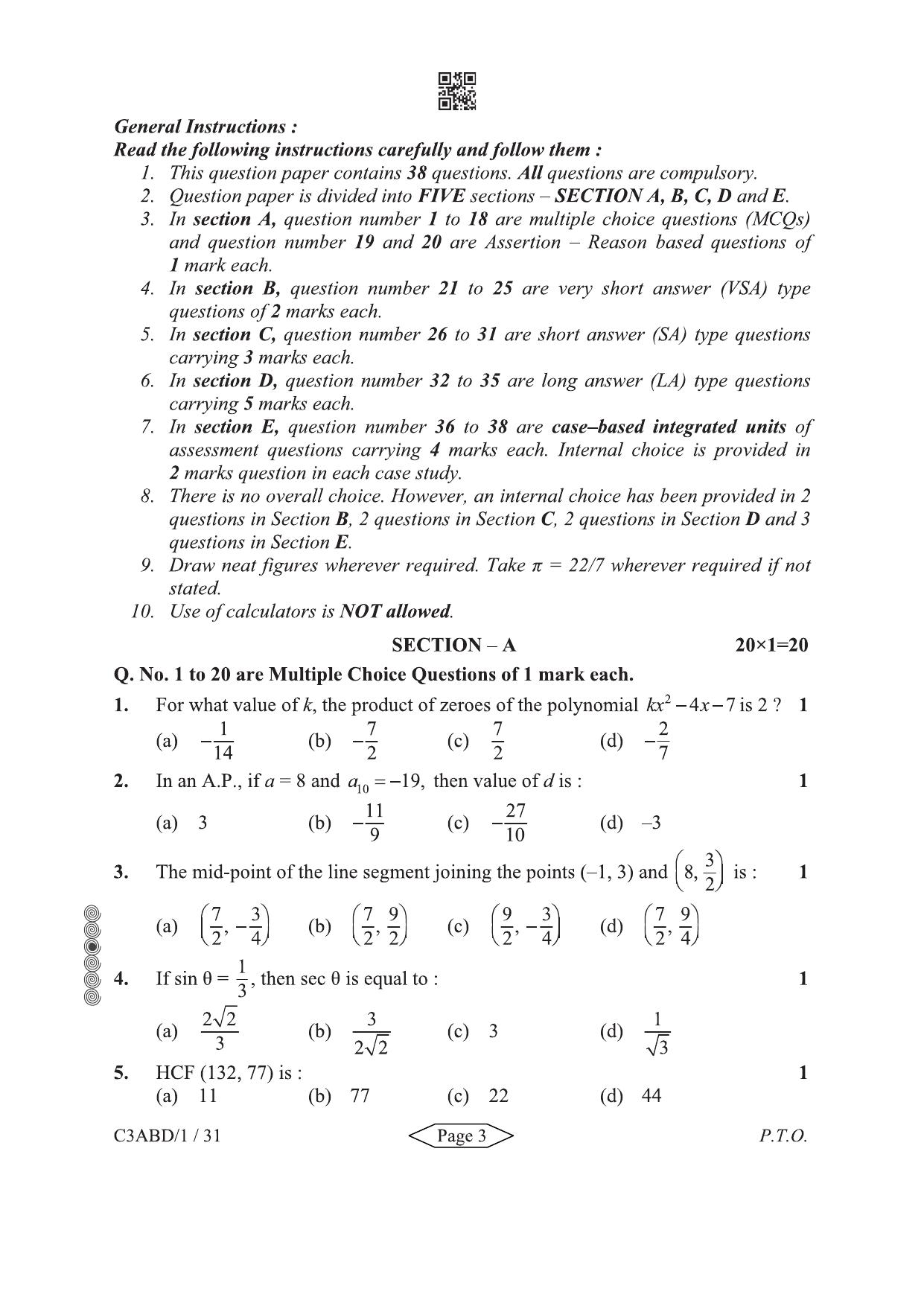 CBSE Class 10 430-1-1 Mathematics Basic 2024 Question Paper - Page 3