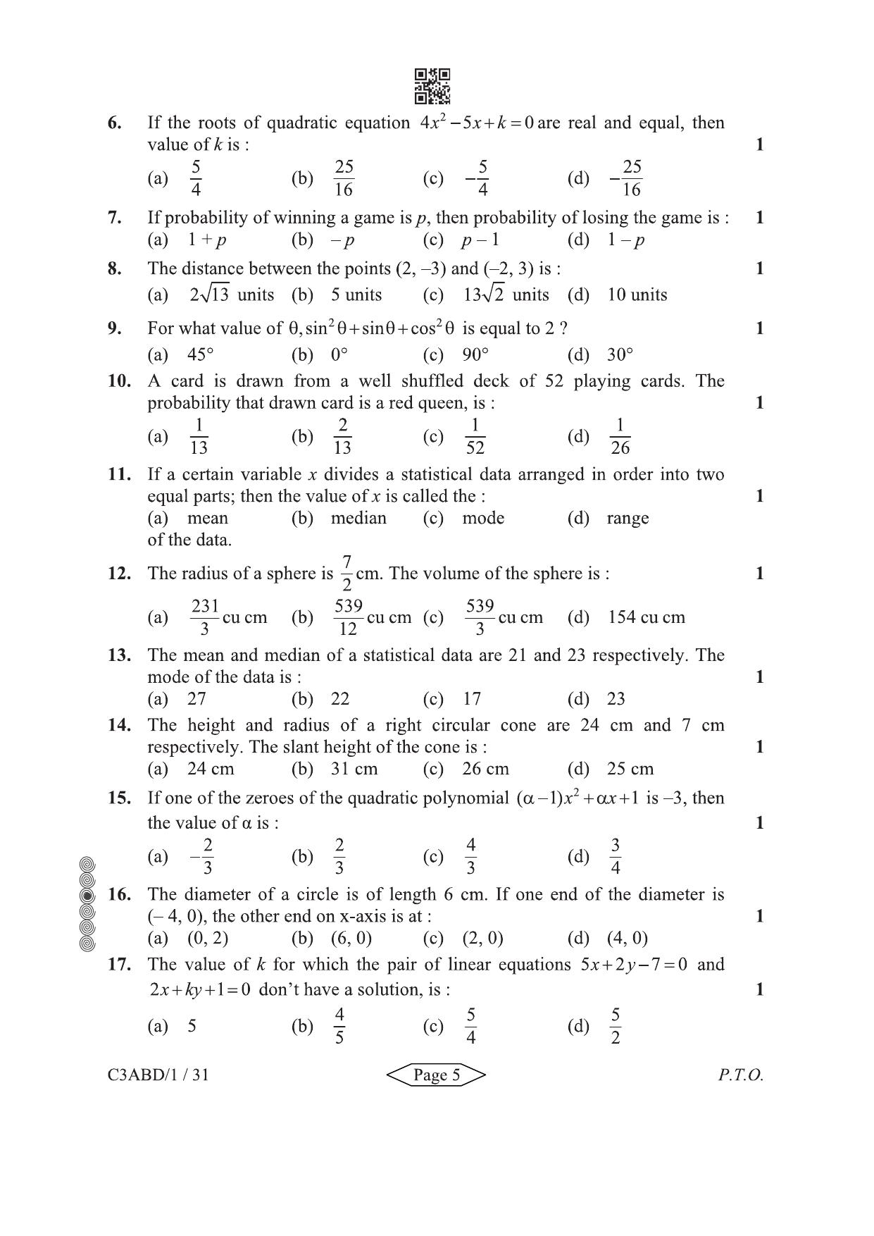 CBSE Class 10 430-1-1 Mathematics Basic 2024 Question Paper - Page 5