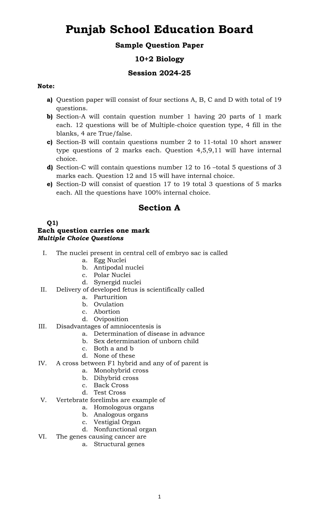 PSEB 12th Biology Model Paper 2025 - Page 1