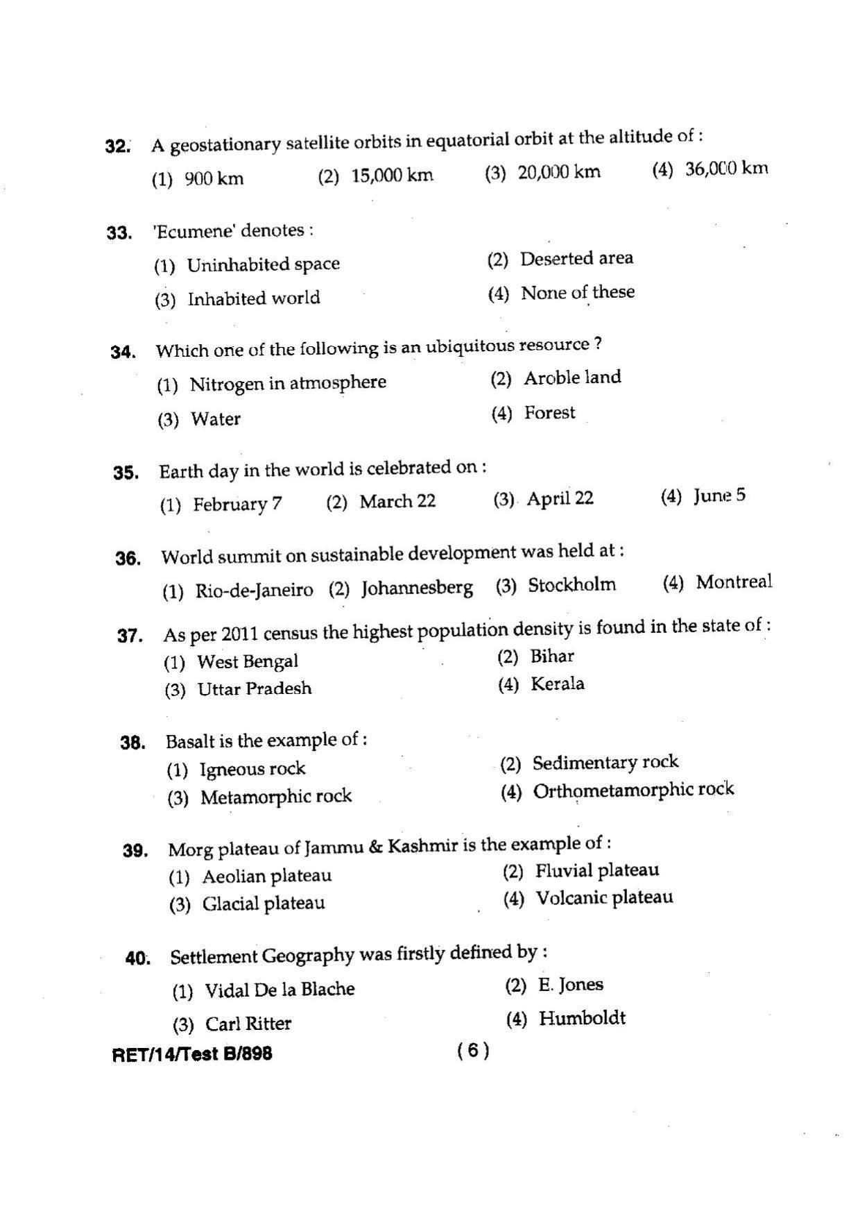 BHU RET Geography 2014 Question Paper - Page 8