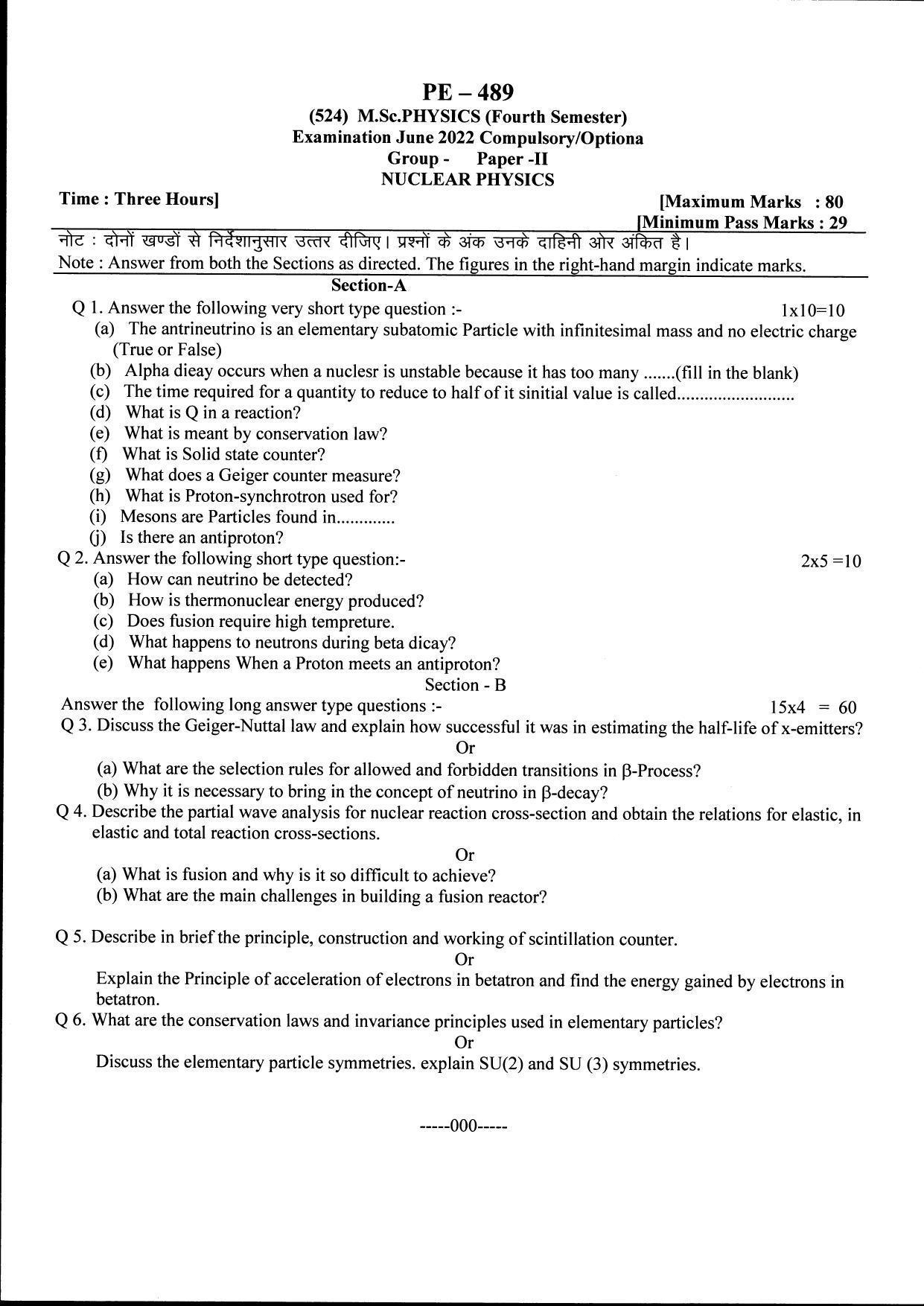 Bilaspur University Question Paper June 2022:M.Sc. Physics (Fourth Semester) Nuclear Physics Paper 1 - Page 1