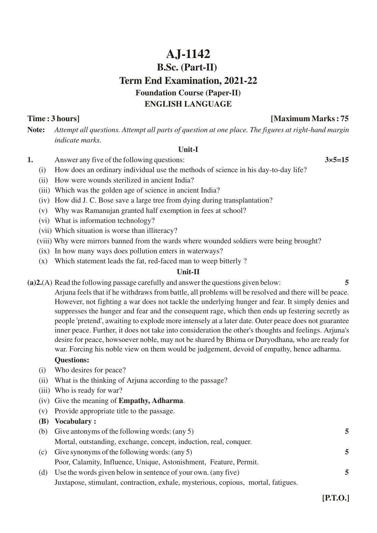 Bilaspur University Question Paper 2021-2022:B. Sc. Part-II (Two) FC : English Language Paper 1 - Page 1