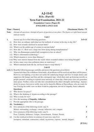 Bilaspur University Question Paper 2021-2022:B. Sc. Part-II (Two) FC : English Language Paper 1