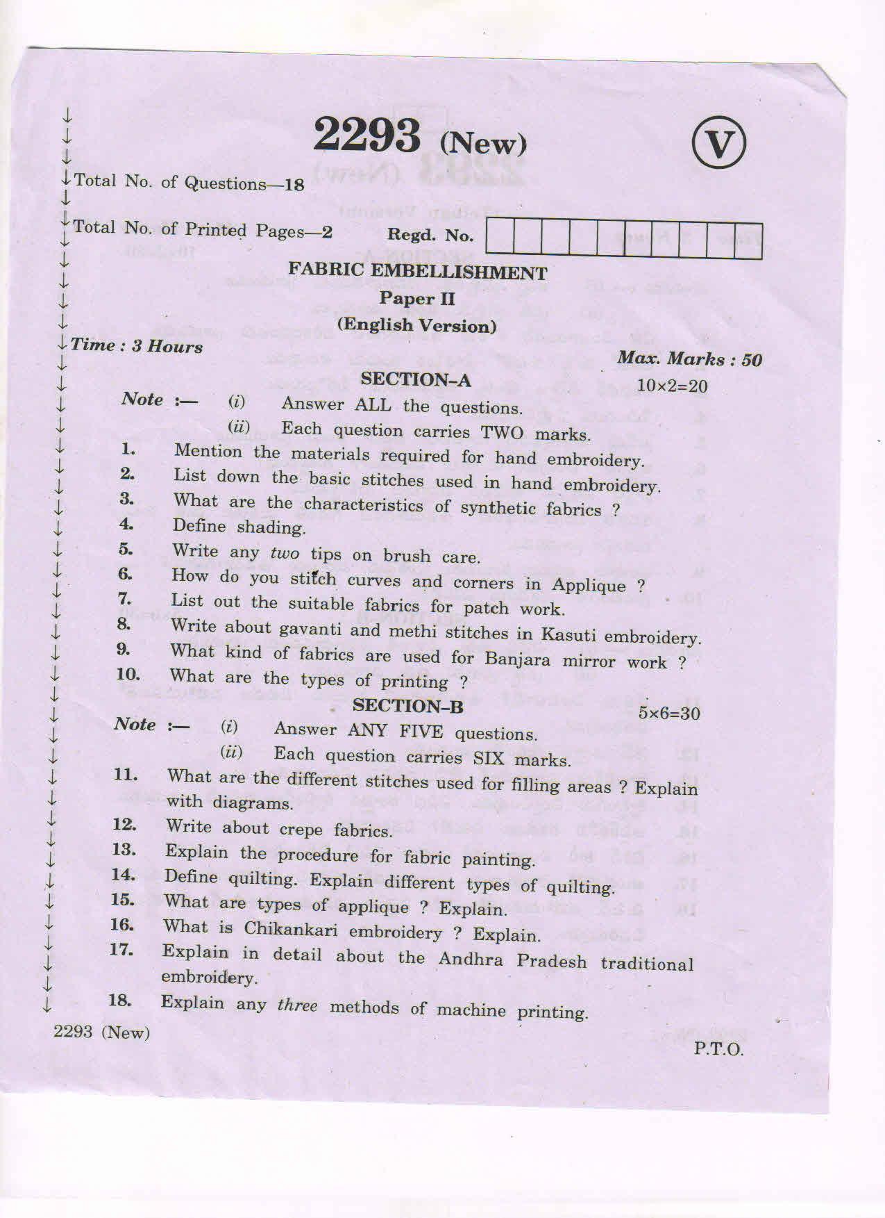 AP Inter 2nd Year Vocational Question Paper March - 2020 - Fabric Embellishment - II (new) - Page 1
