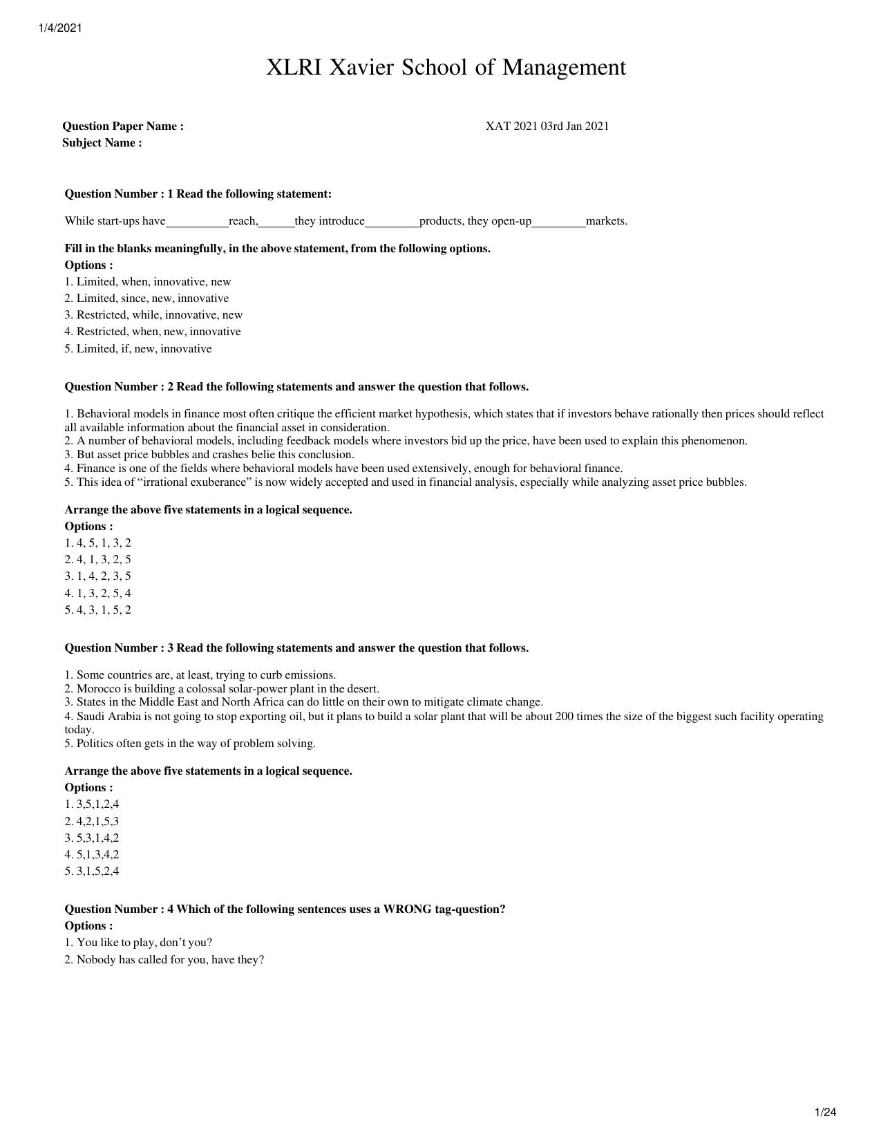 XAT 2021 Question Paper - Page 1