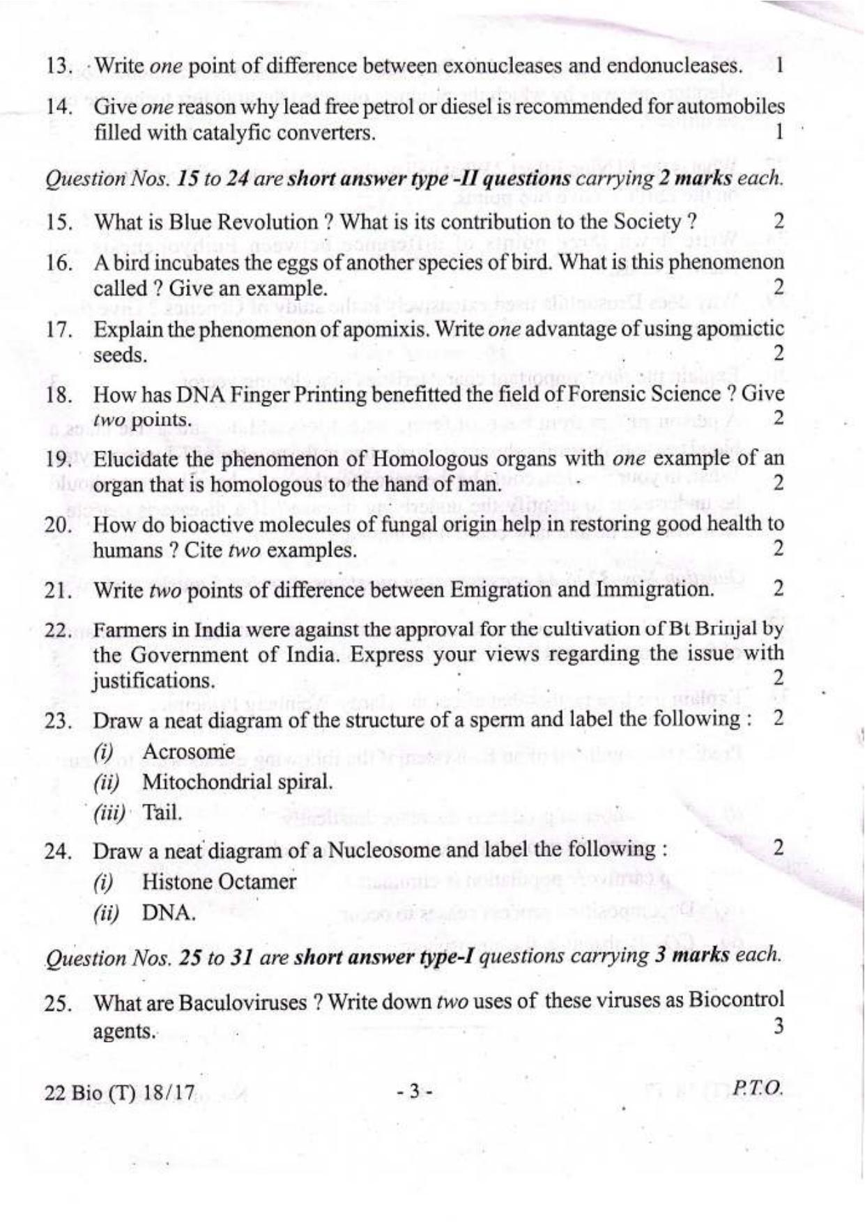 COHSEM Class 12 Biology 2017 Question Papers - Page 3