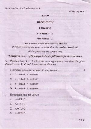 COHSEM Class 12 Biology 2017 Question Papers