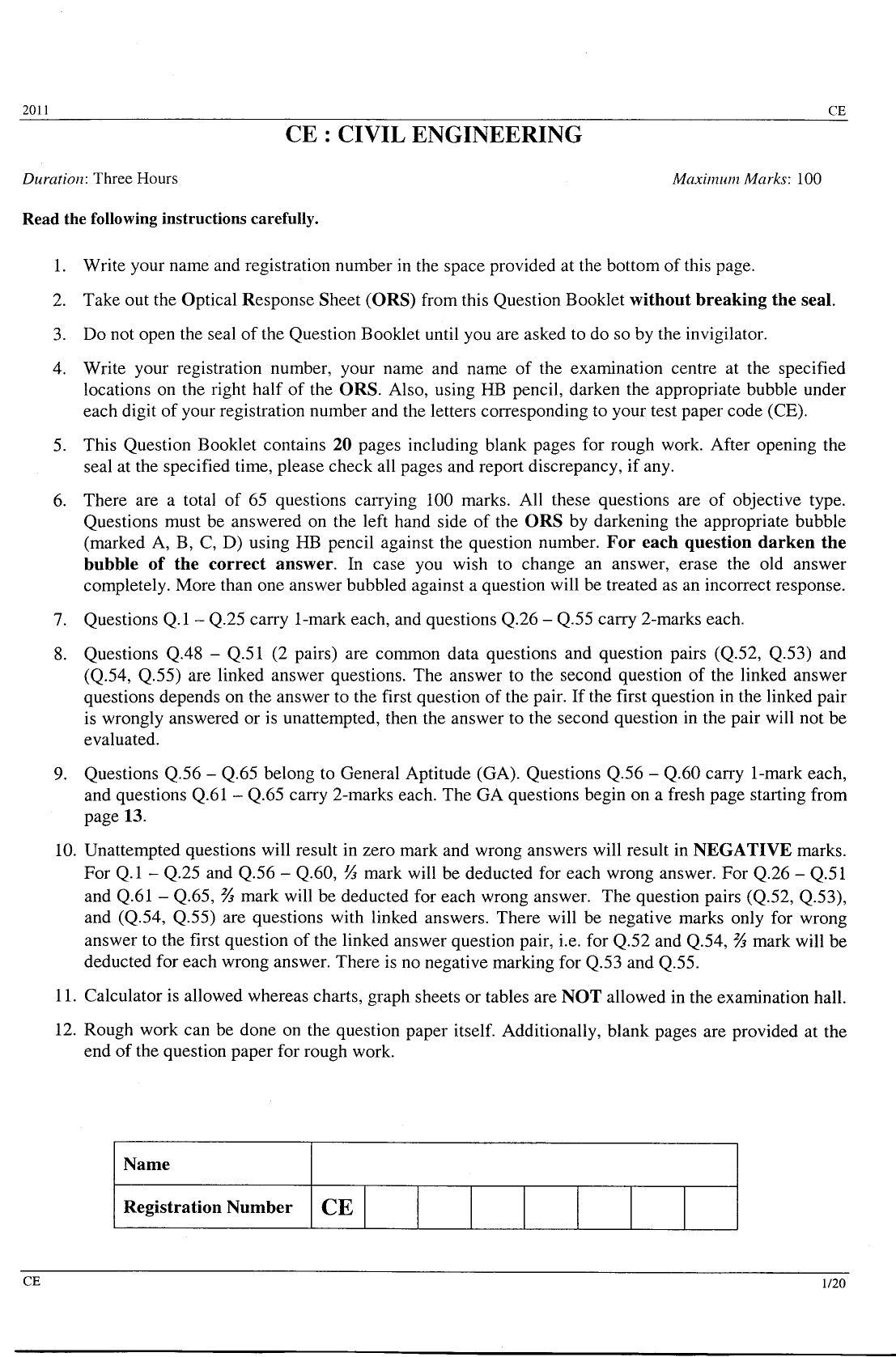 GATE 2011 Civil Engineering (CE) Question Paper with Answer Key - Page 1