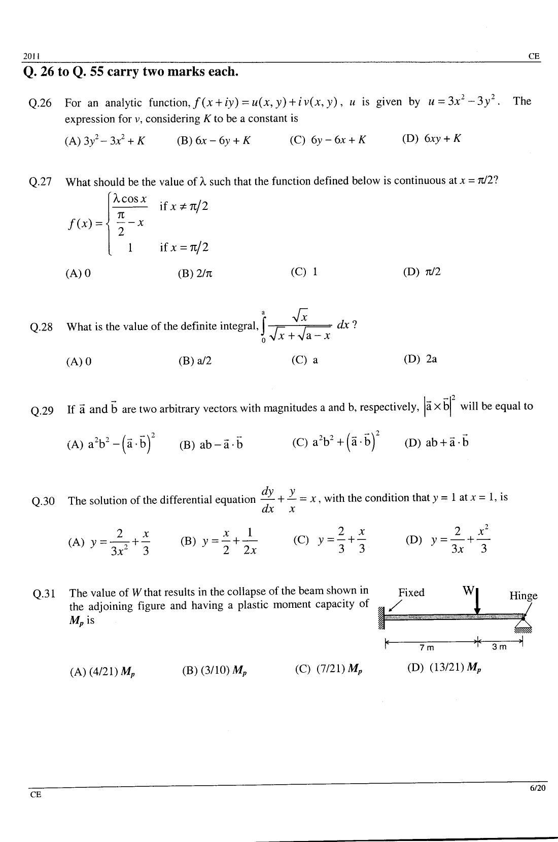 GATE 2011 Civil Engineering (CE) Question Paper with Answer Key - Page 6
