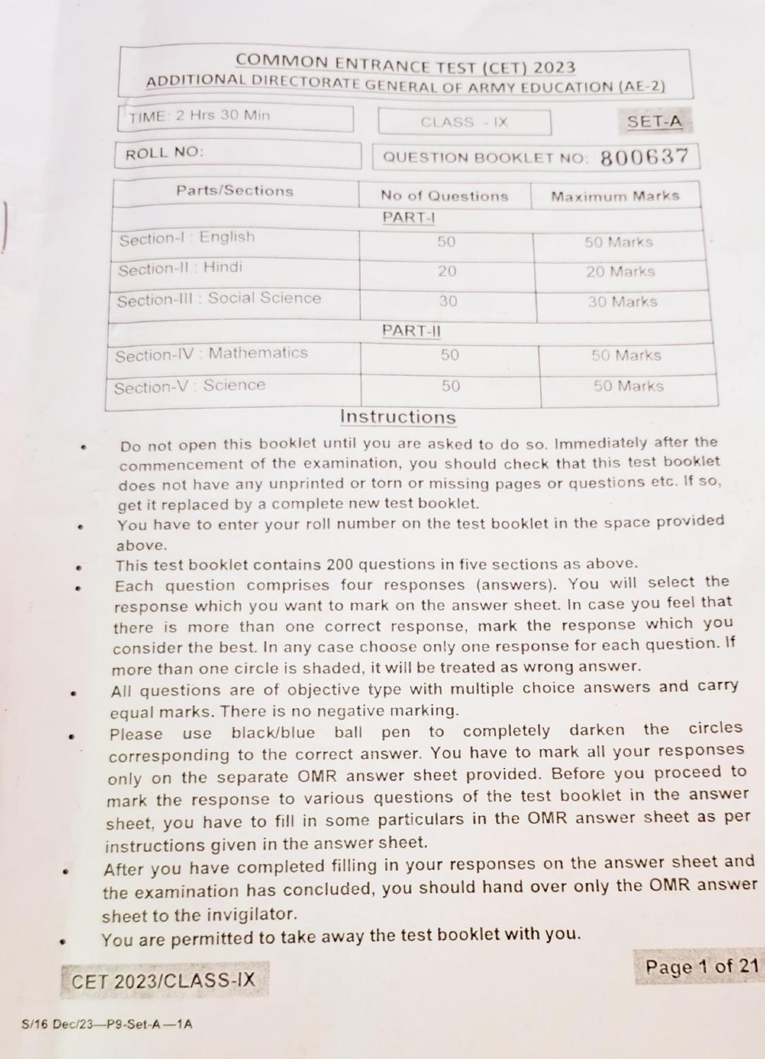 Rashtriya Military School 2023 Class 9 Question Paper - Page 1