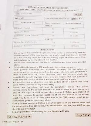 Rashtriya Military School 2023 Class 9 Question Paper