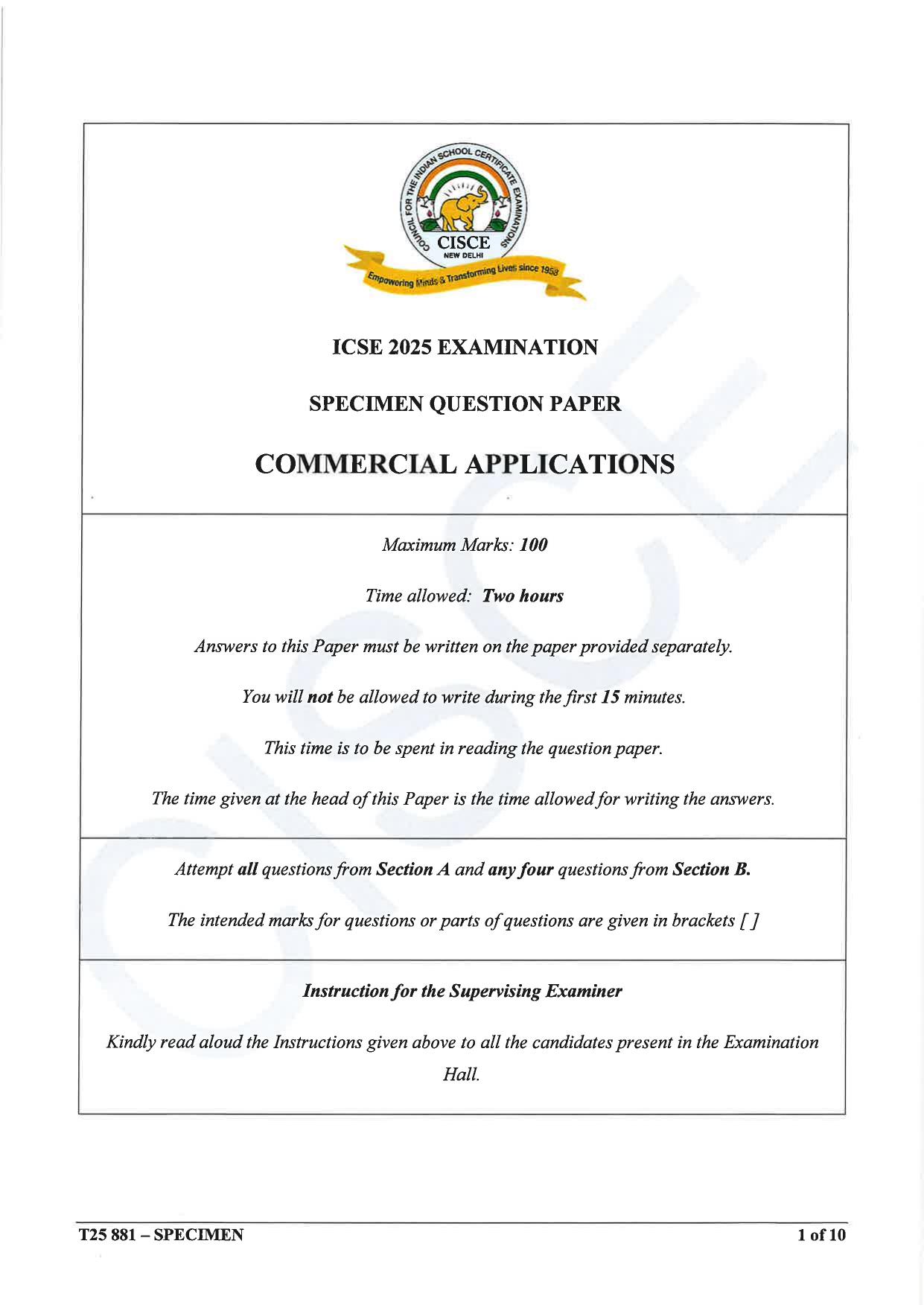 ICSE Class 10 2025 Commercial Applications (QP & MS) Specimen Paper - Page 1