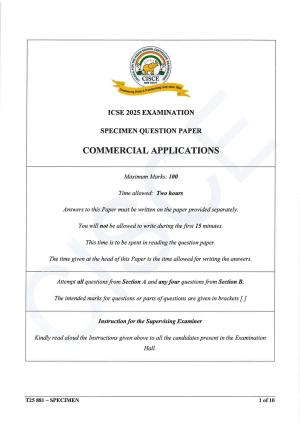 ICSE Class 10 2025 Commercial Applications (QP & MS) Specimen Paper