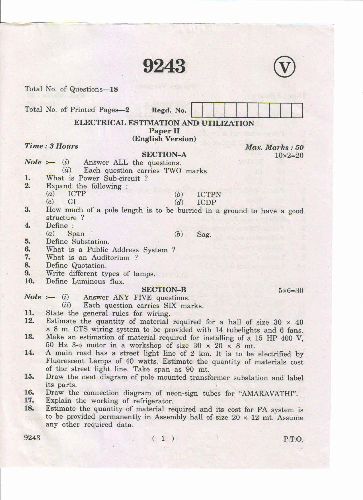 AP Inter 2nd Year Electrical Estimation and Utilization-II March-2019-Vocational Question Paper - Page 1