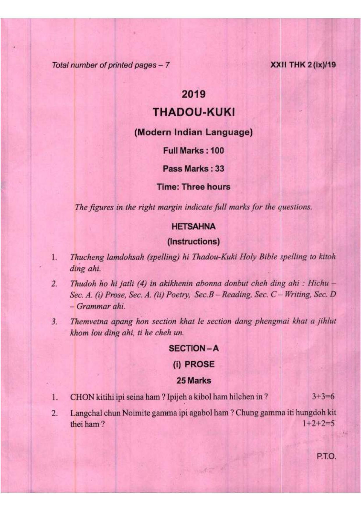 COHSEM Class 12	Thadou Kuki (M.I.L.) 2019 Question Papers - Page 1