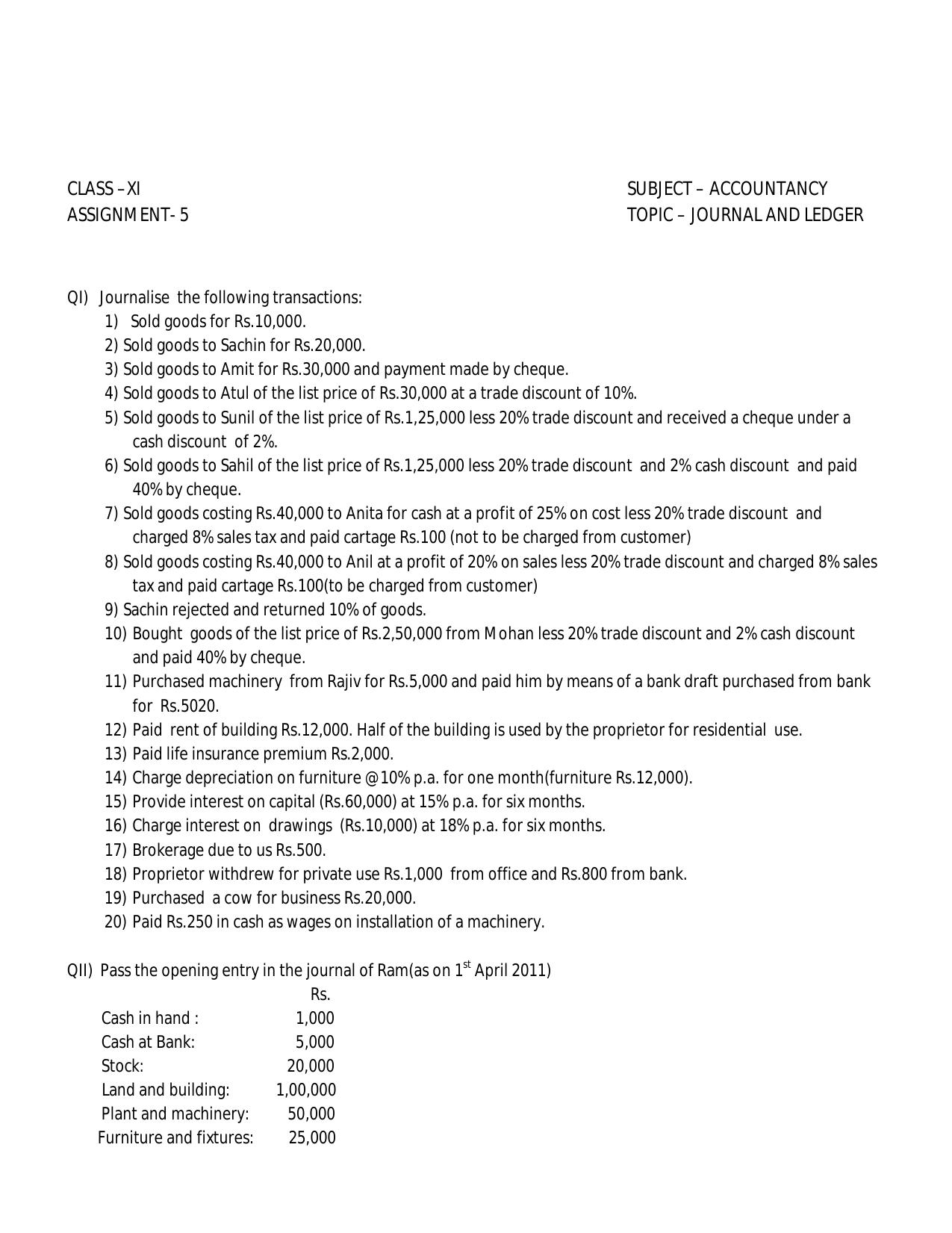 CBSE Worksheets for Class 11 Accountancy Assignment 9 - Page 1