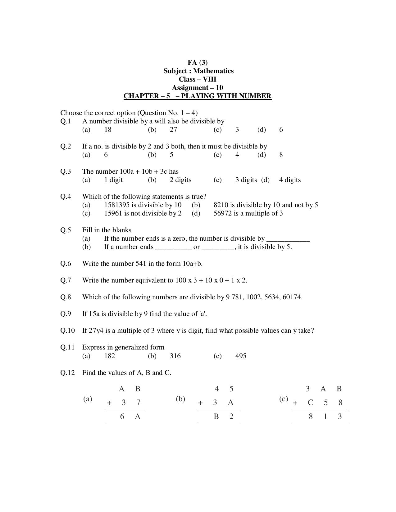 CBSE Worksheets for Class 8 Mathematics Playing with Numbers Assignment 3 - Page 1