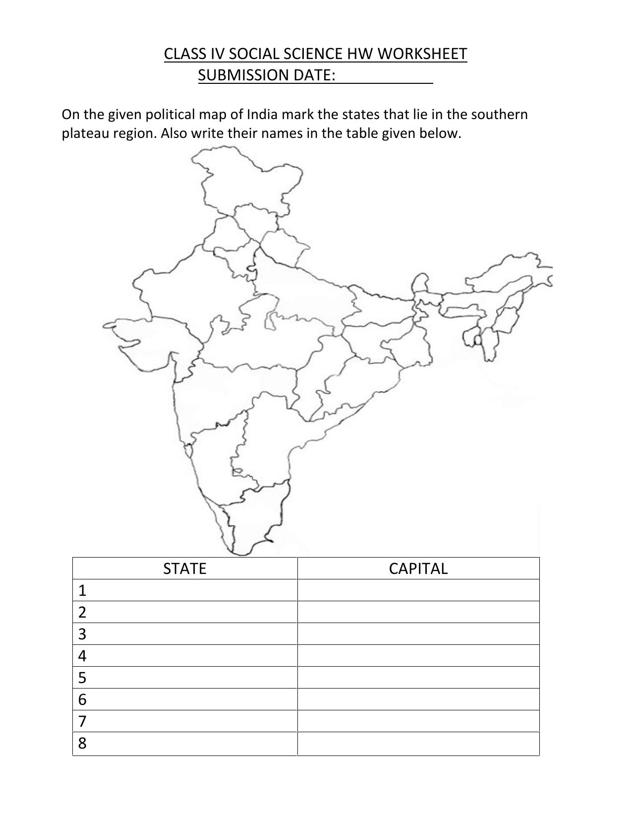 Worksheet for Class 4 Social Science Political map of India Assignment 2 - Page 1