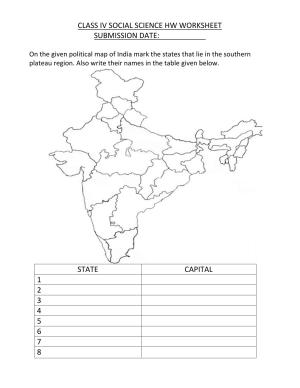 Worksheet for Class 4 Social Science Political map of India Assignment 2