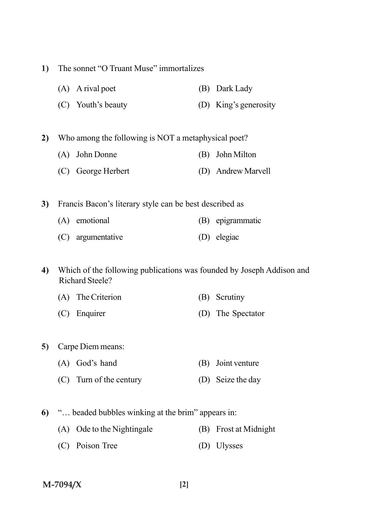 Mysore University PG Entrance Exam 2019: English Question Paper - Page 2
