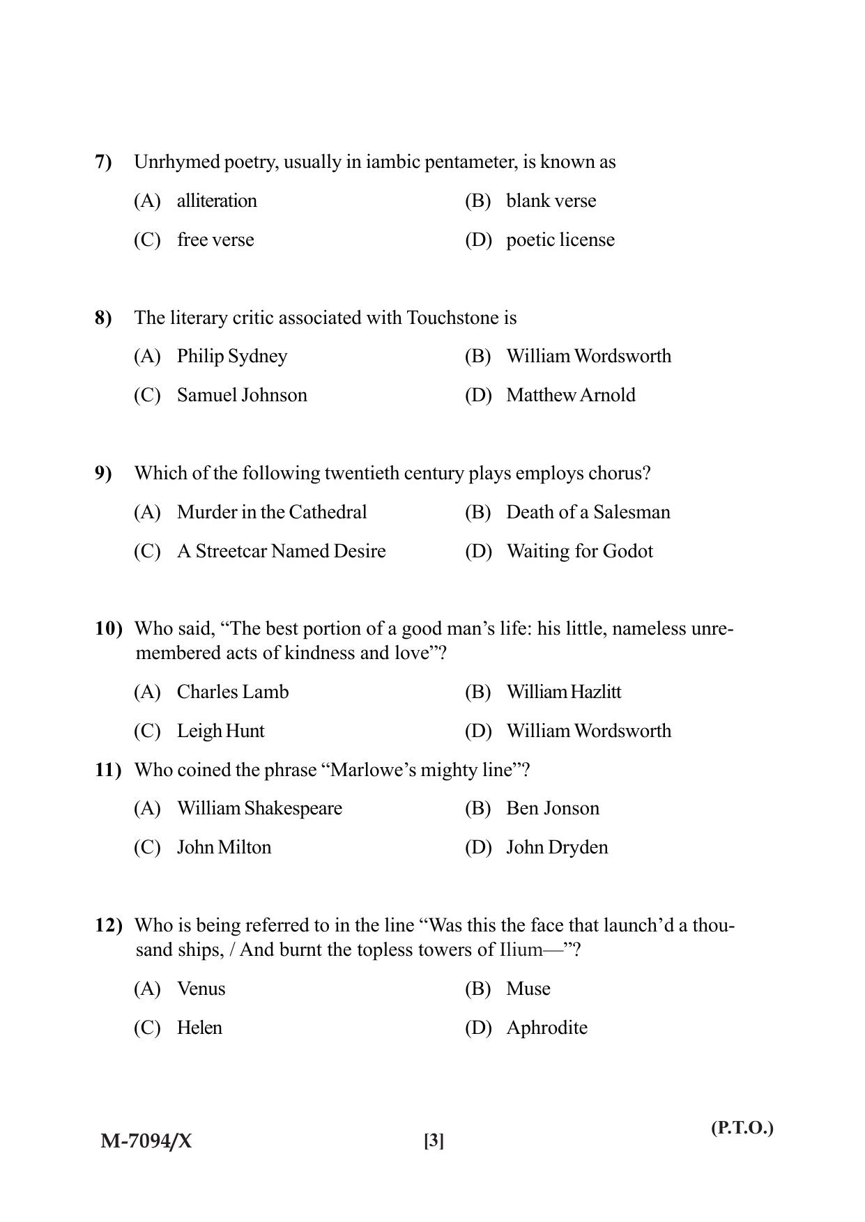 Mysore University PG Entrance Exam 2019: English Question Paper - Page 3