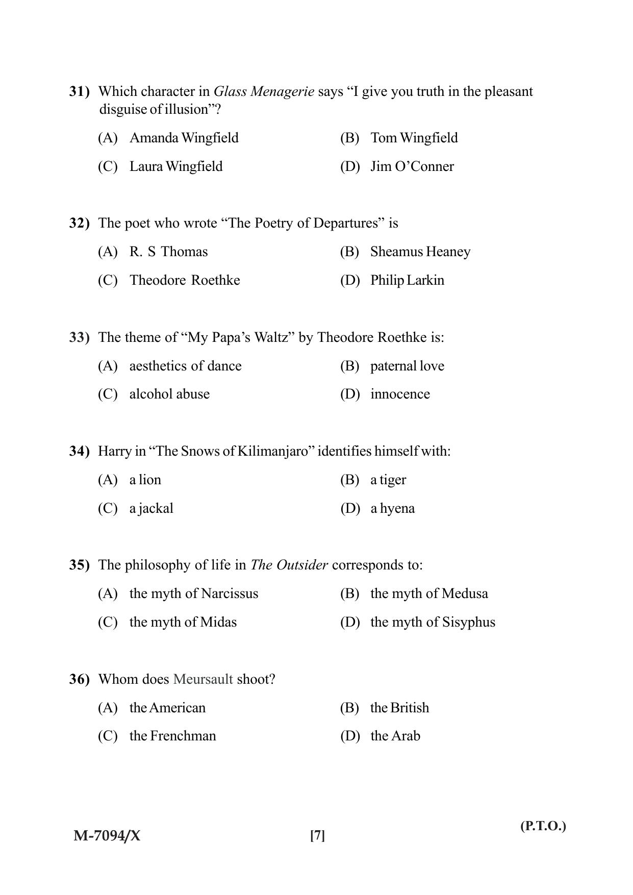 Mysore University PG Entrance Exam 2019: English Question Paper - Page 7