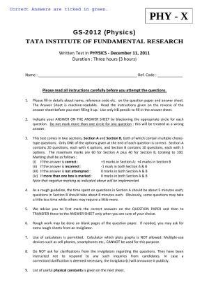 TIFR GS 2012 Physics X Question Paper