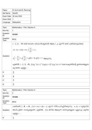 JEE Mains 2022: B Arch & B Planning Malayalam (Shift 1) 30-07-2022 Question Paper