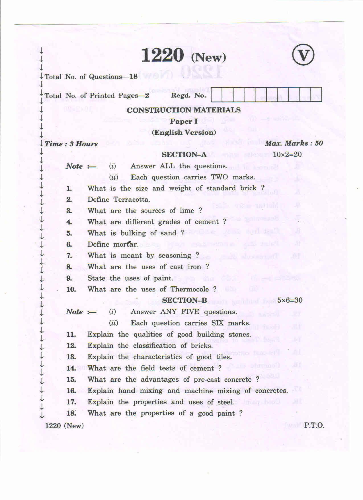 AP Inter 2nd Year Vocational Question Paper March - 2020 - Construction Materials - I - Page 1