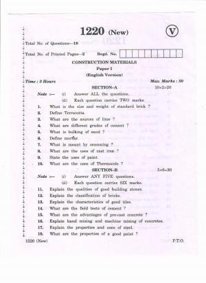 AP Inter 2nd Year Vocational Question Paper March - 2020 - Construction Materials - I