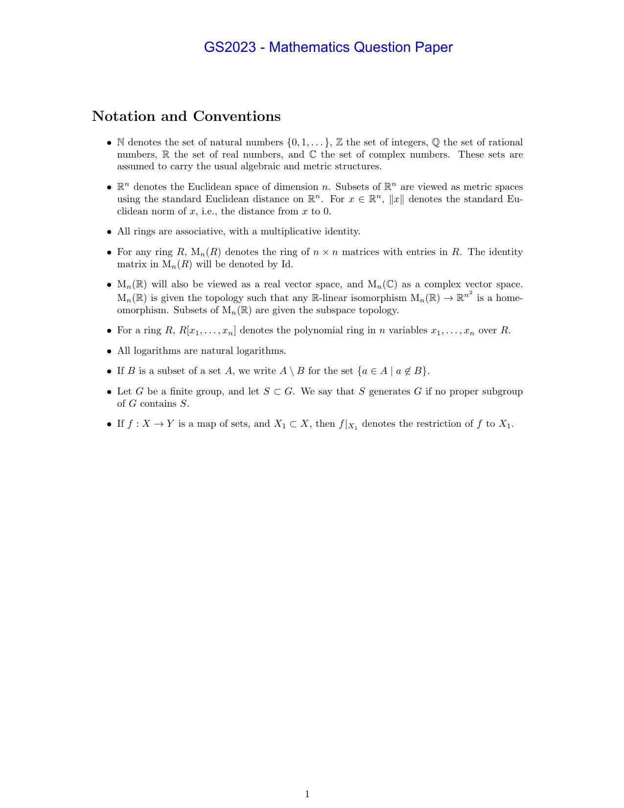 TIFR GS 2023 Mathematics Question Paper - Page 1