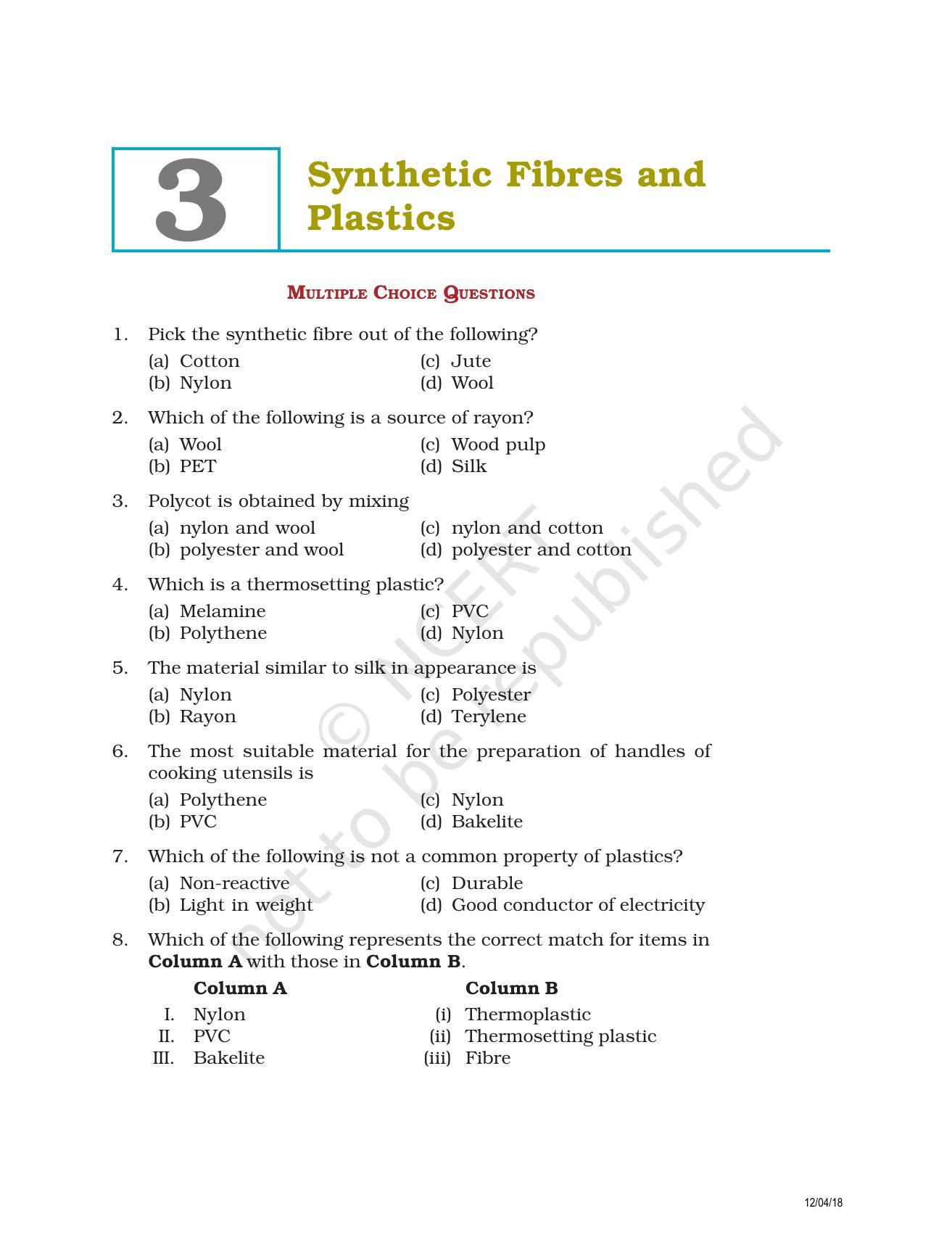 NCERT Exemplar Book for Class 8 Science: Chapter 3- Synthetic Fibres and Plastics - Page 1