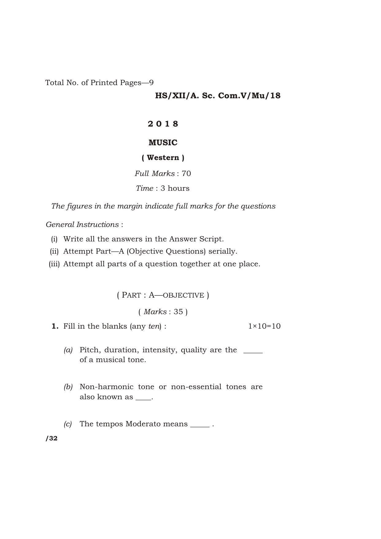 Meghalaya Board (MBOSE) Class 12 MUSIC 2018 Question Paper - Page 1