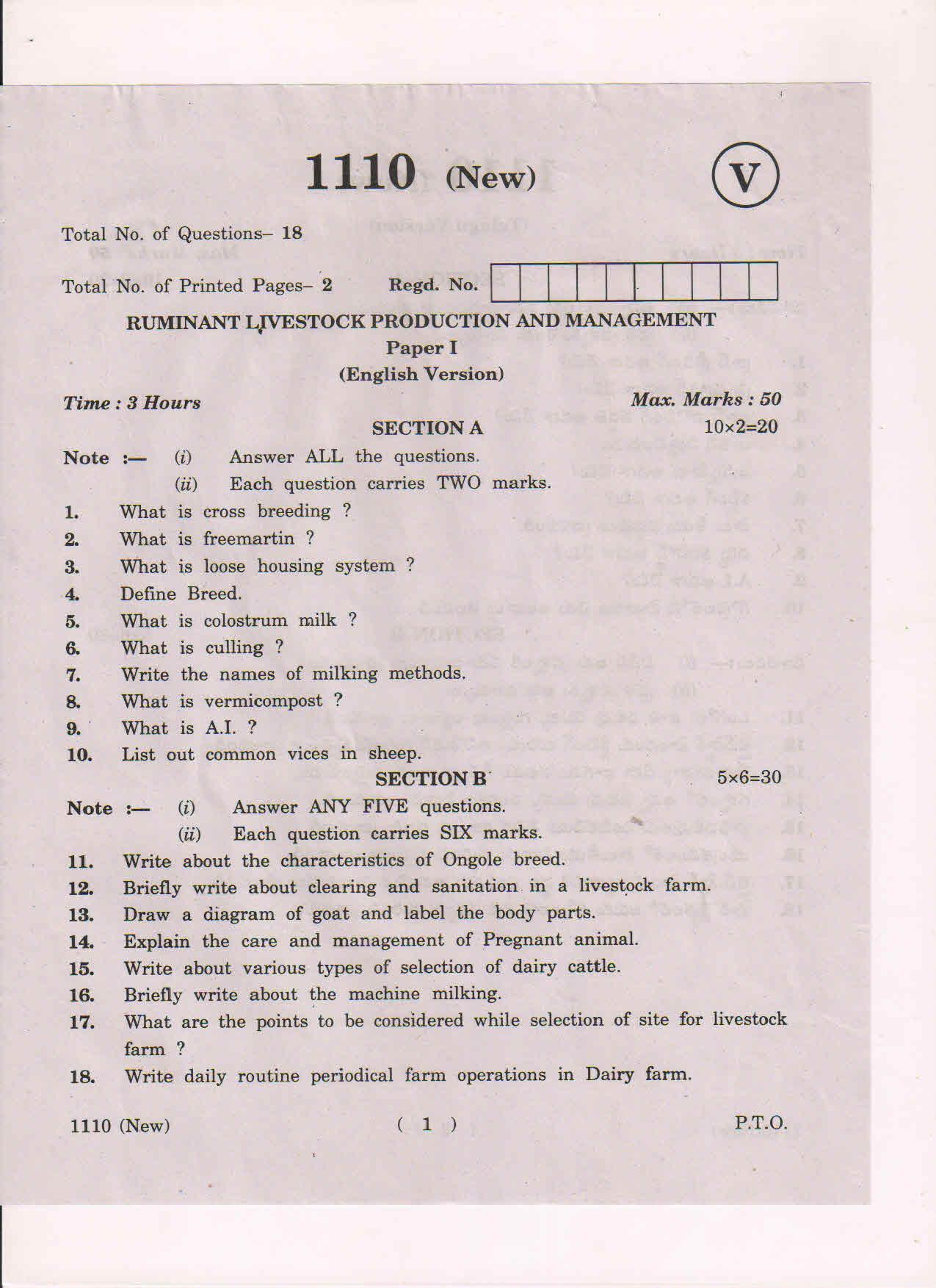 AP Inter 1st Year Ruminant Livestock Production and Management-I (New) March-2019-Vocational Question Paper - Page 1