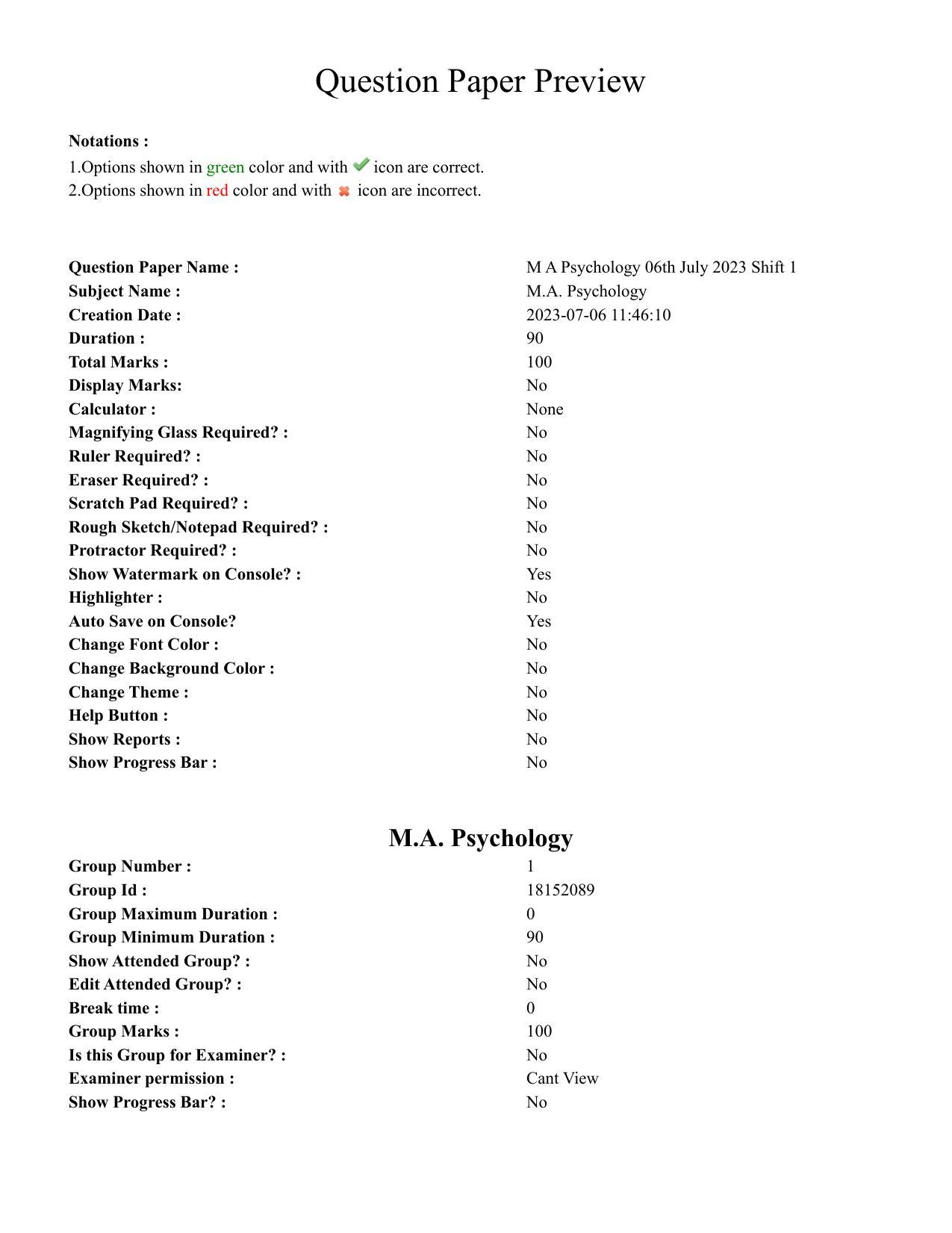 TS CPGET 2023 M A Psychology (Shift 1) Question Paper with Answer Key - Page 1