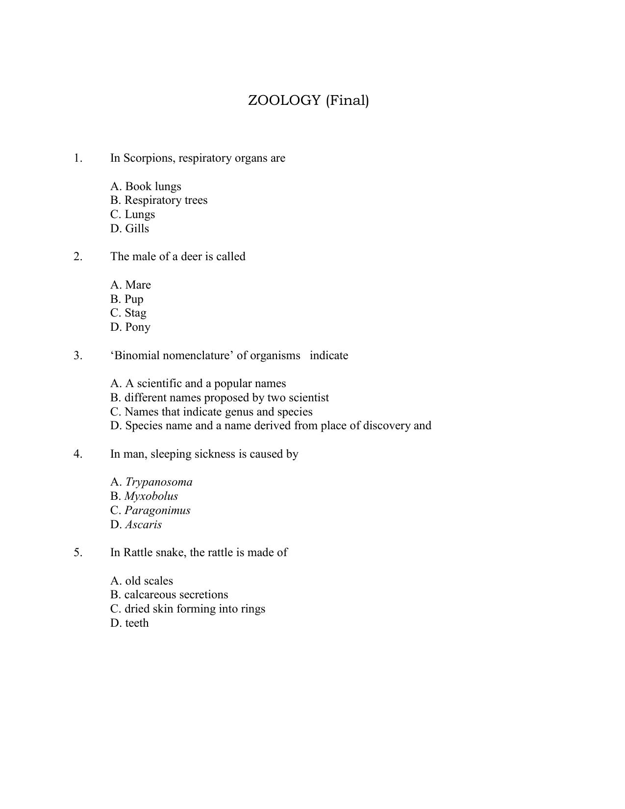 CUSAT CAT 2016 Zoology Question Paper - Page 1