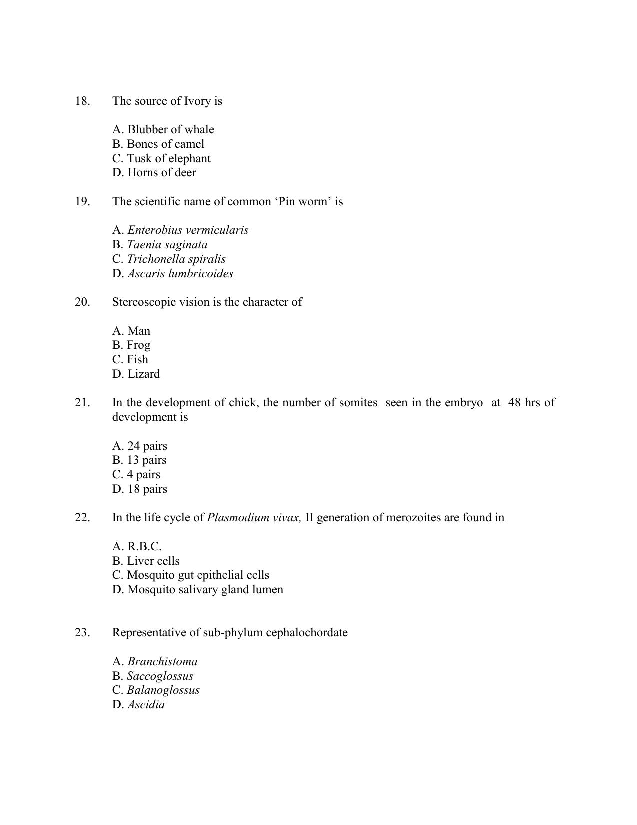 CUSAT CAT 2016 Zoology Question Paper - Page 4